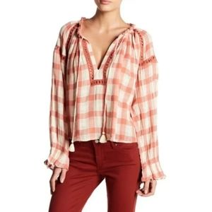 Free People Honey Grove Plaid Peasant Eyelet Top